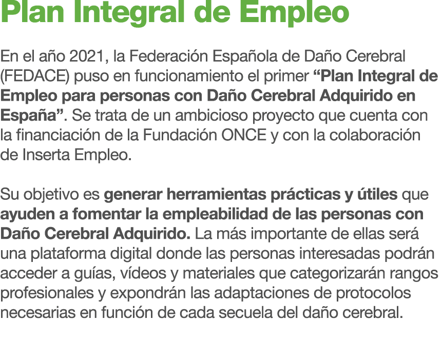 Plan Integral de Empleo En el a o 2021, la Federaci n Espa ola de Da o Cerebral (FEDACE) puso en funcionamiento el pr...
