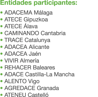 Entidades participantes: • ADACEMA M laga • ATECE Gipuzkoa • ATECE lava • CAMINANDO Cantabria • TRACE Catalunya • AD...
